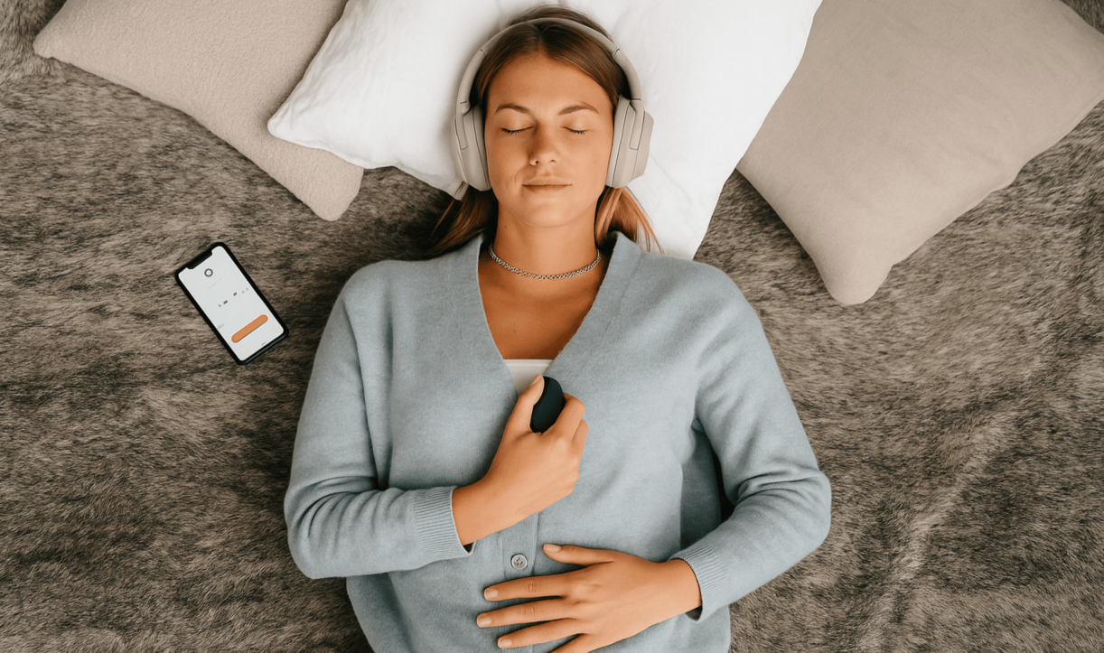 Person lying on bed with headphones, holding Moonbird on chest next to smartphone