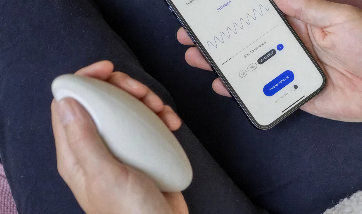 Close-up of hands holding Moonbird and smartphone app with waveforms