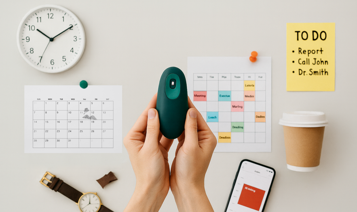 Hands holding Moonbird device above a desk with daily planner and coffee