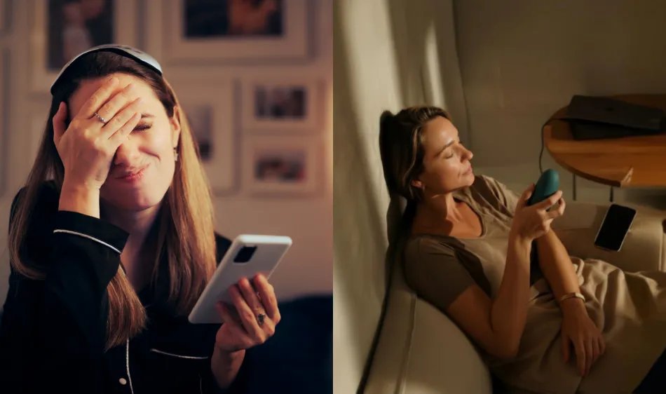 Three scenarios showing people using Moonbird in bed, at home, and at work with text labels