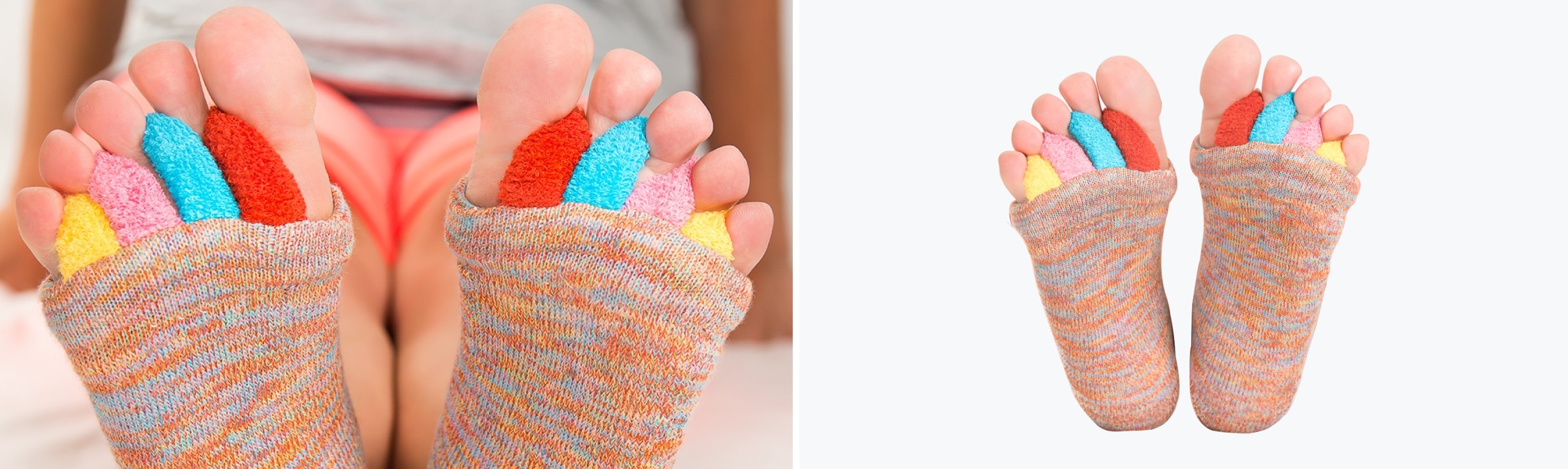 Two close-up views of feet wearing colorful toe separator socks