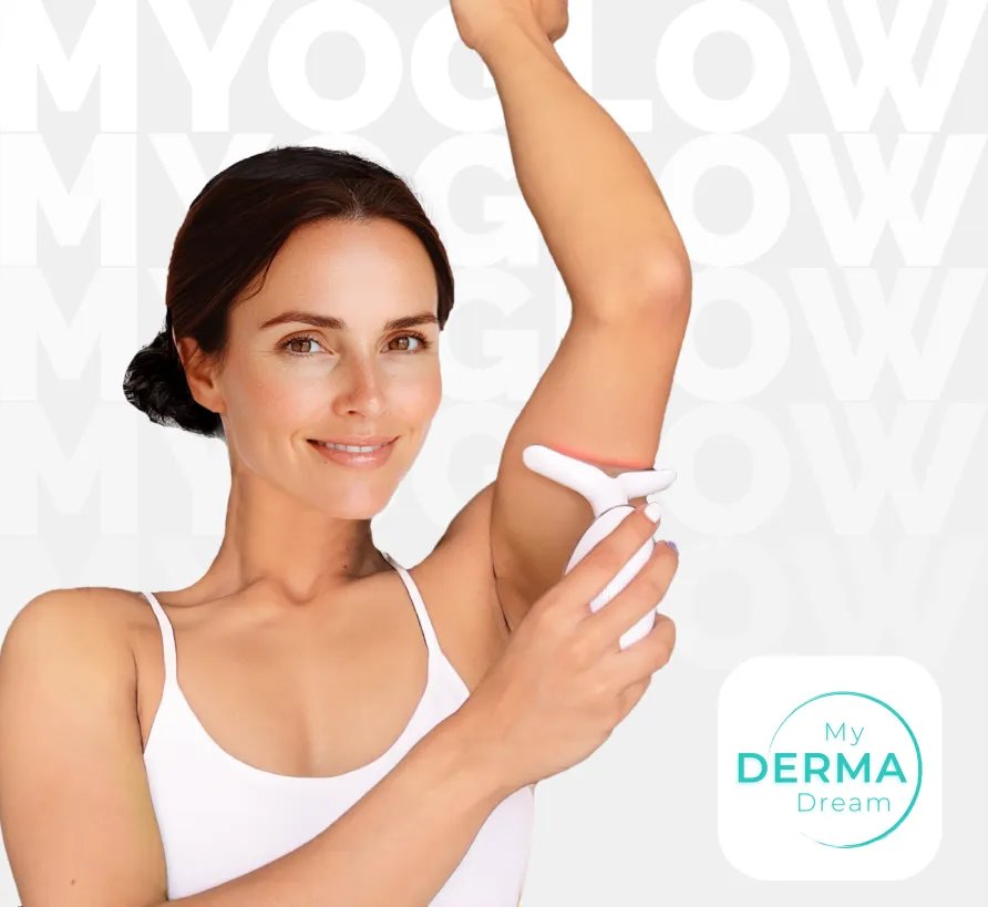Person holding MyoGlow device to upper arm with logo visible