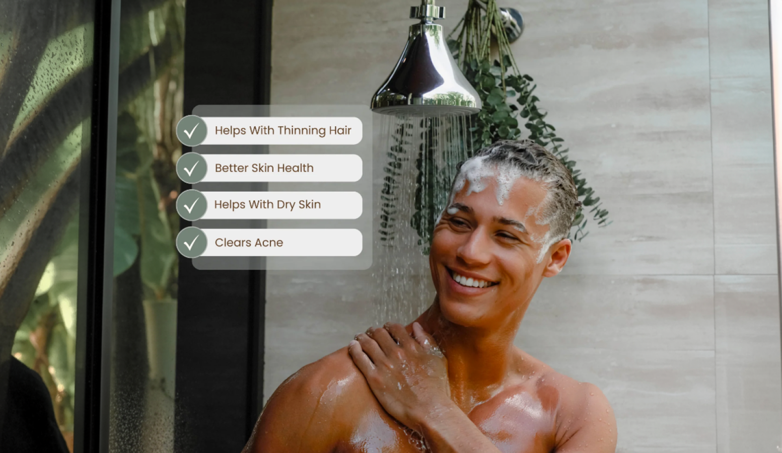 Person showering with NUUD filtered showerhead