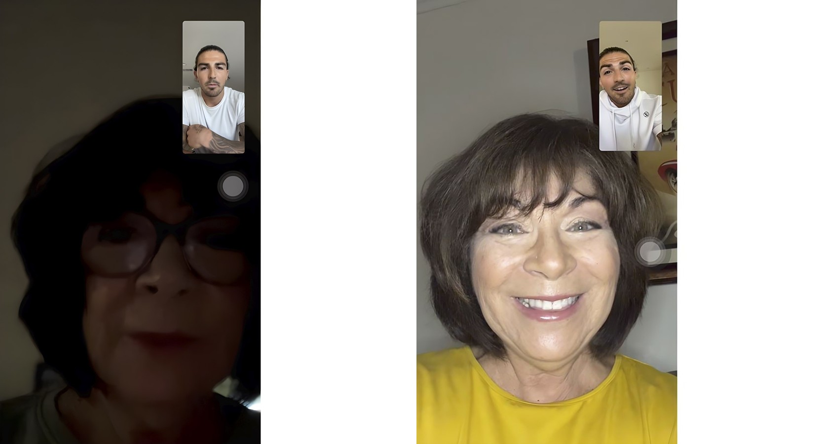Comparison of video call lighting: one dark, one well-lit with ring light