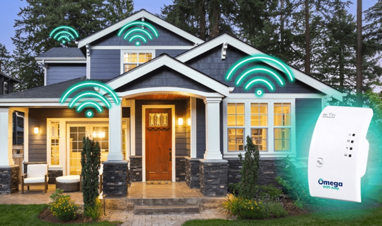 Illustration of a house with WiFi signals from Omega WiFi Amp