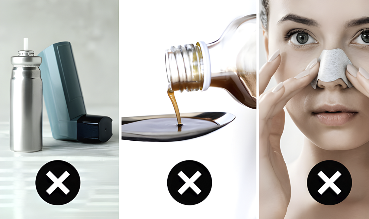 Comparison chart of inhaler, cough syrup, and nose strip with X marks