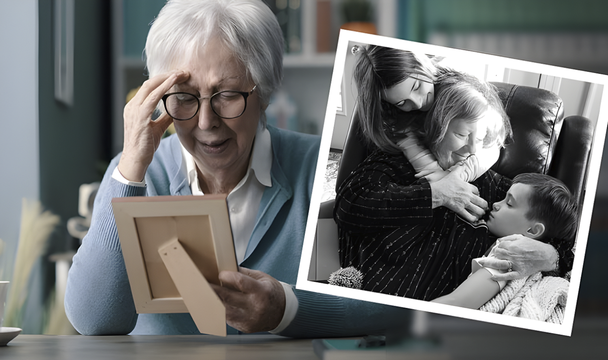 Customer photo of older woman with family photo inset