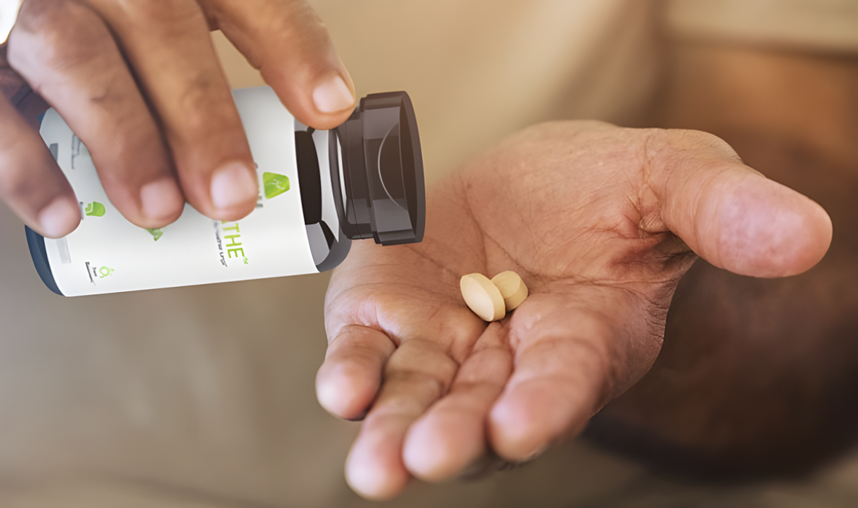 Person pouring tablets from OmniBreathe bottle into hand