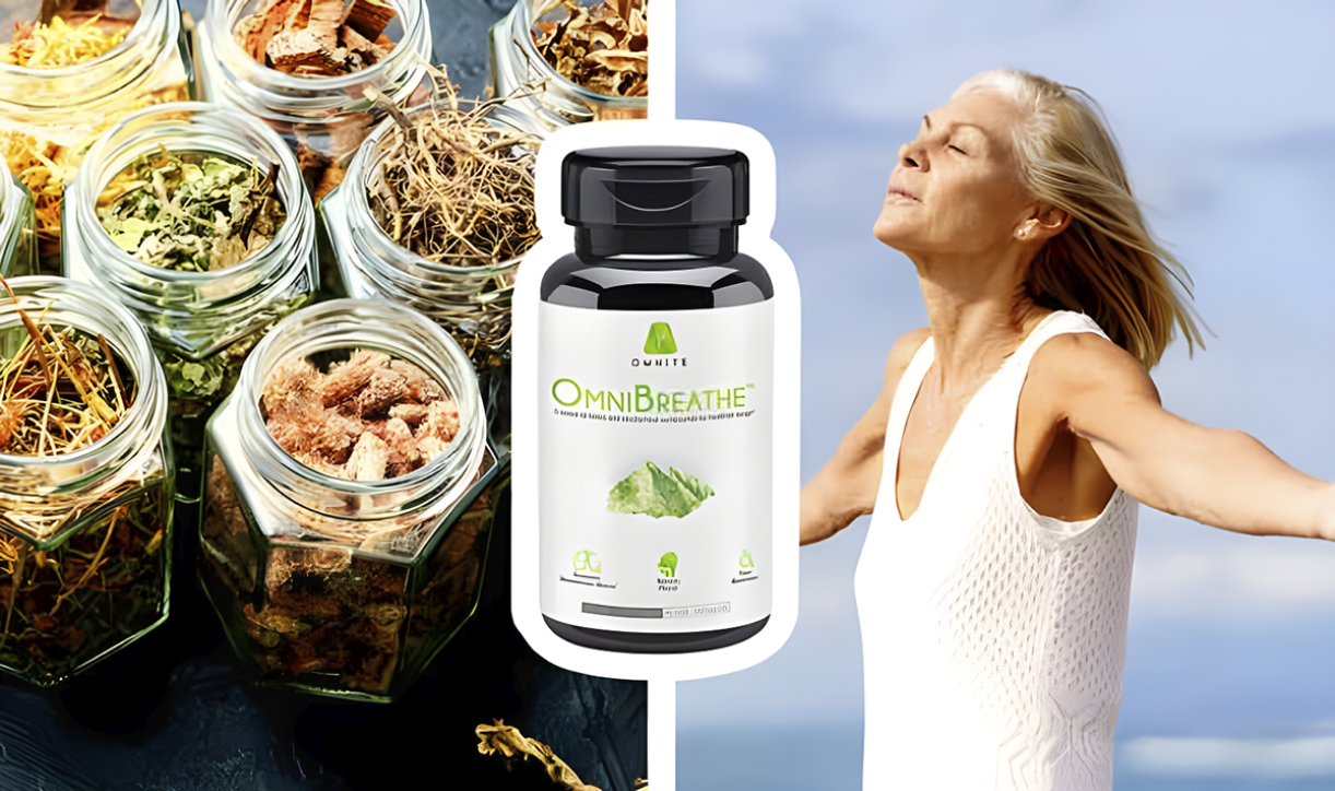 OmniBreathe bottle with herbs and woman enjoying fresh air
