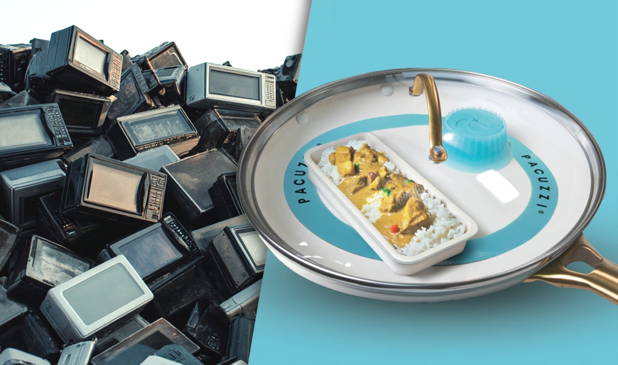 Split image: pile of microwaves vs. Pacuzzi in a pan