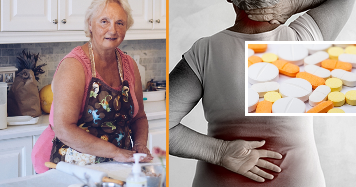 Collage: older woman, lower back pain, and pills