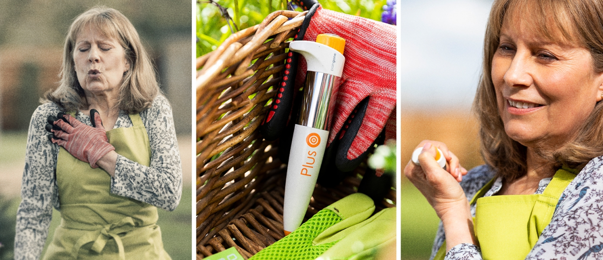 Woman using Paingone Plus outdoors and storing it in a basket