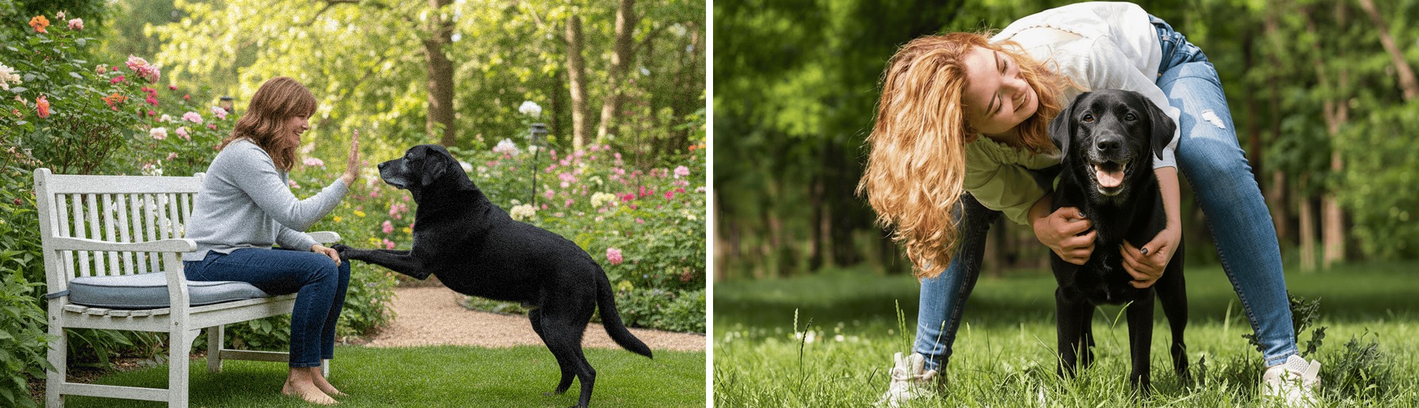 Two scenes of a woman interacting affectionately with a black dog outdoors