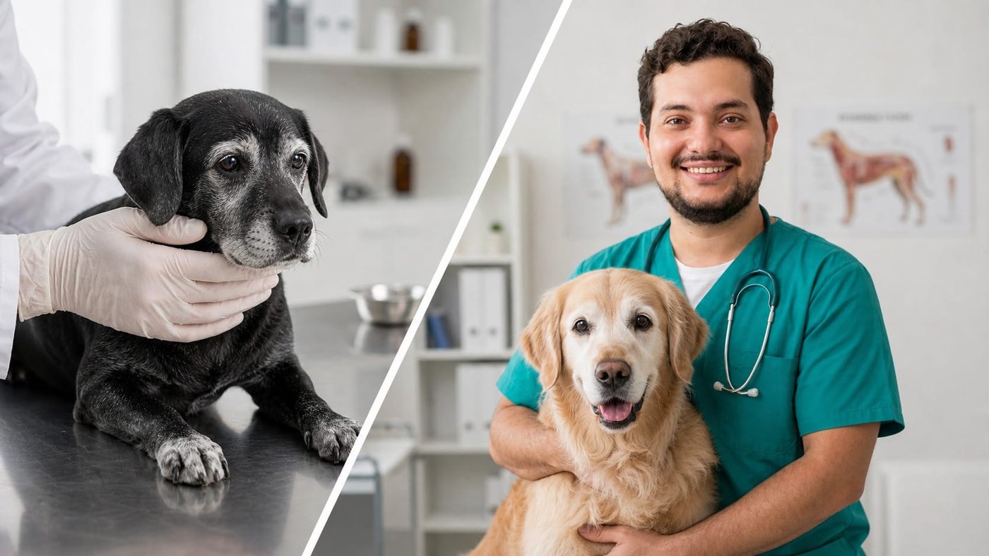 Veterinarian examining a dog in a clinic setting