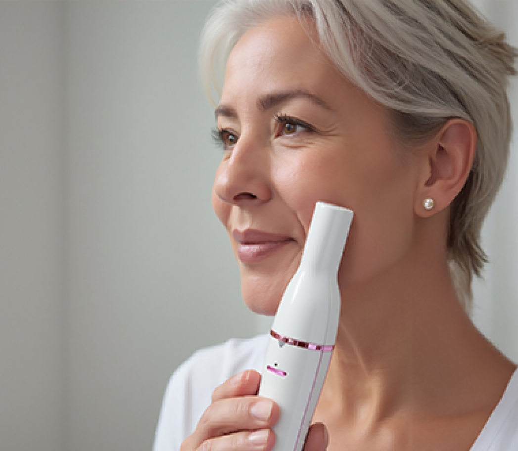 Woman using Pluxy on her face in a home setting
