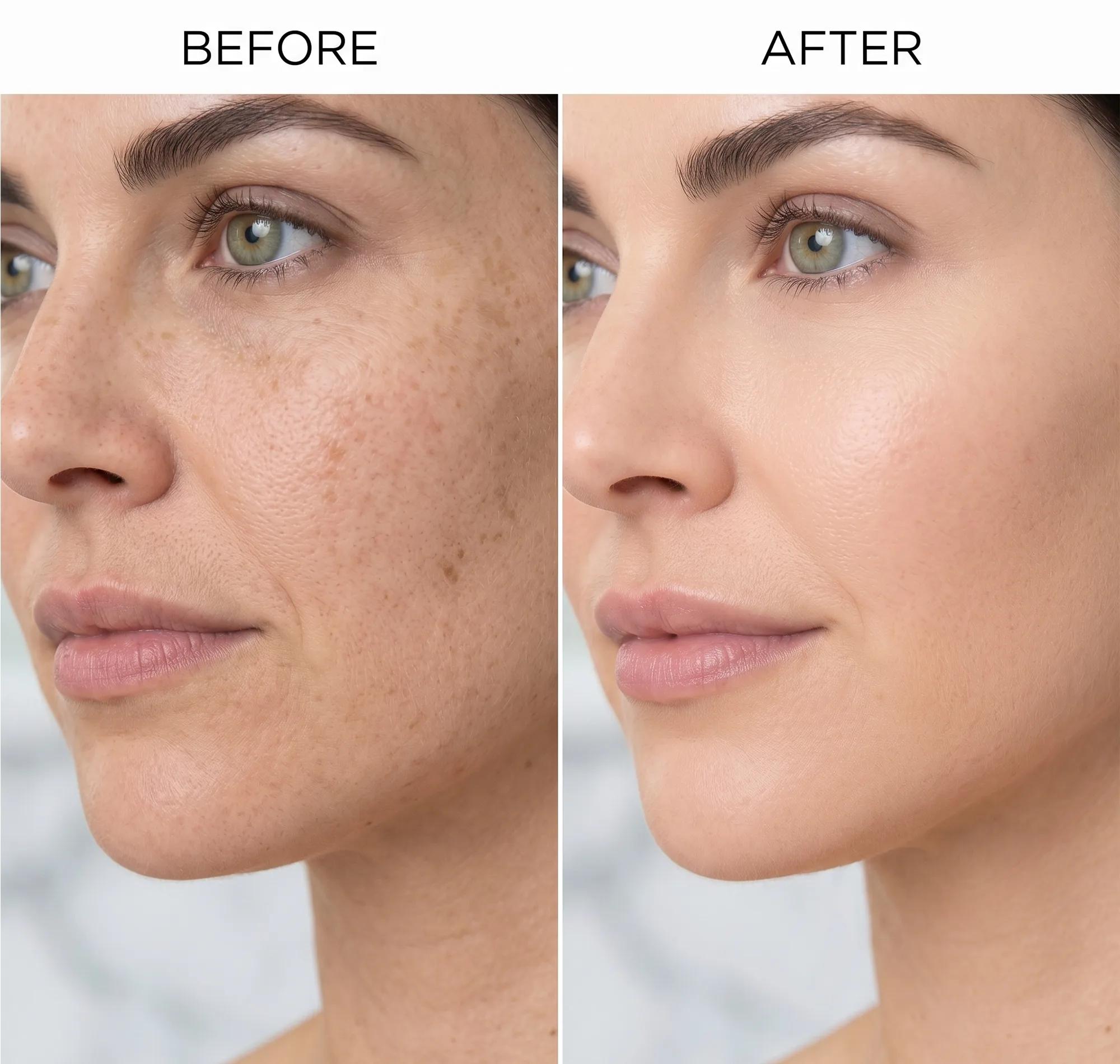 Side-by-side before and after close-up photos of a woman's face