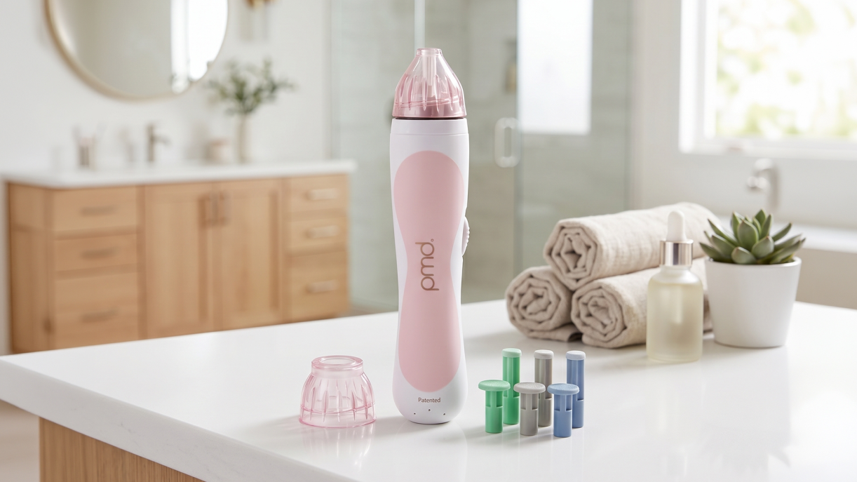 PMD Personal Microderm device and attachments displayed on a bathroom counter
