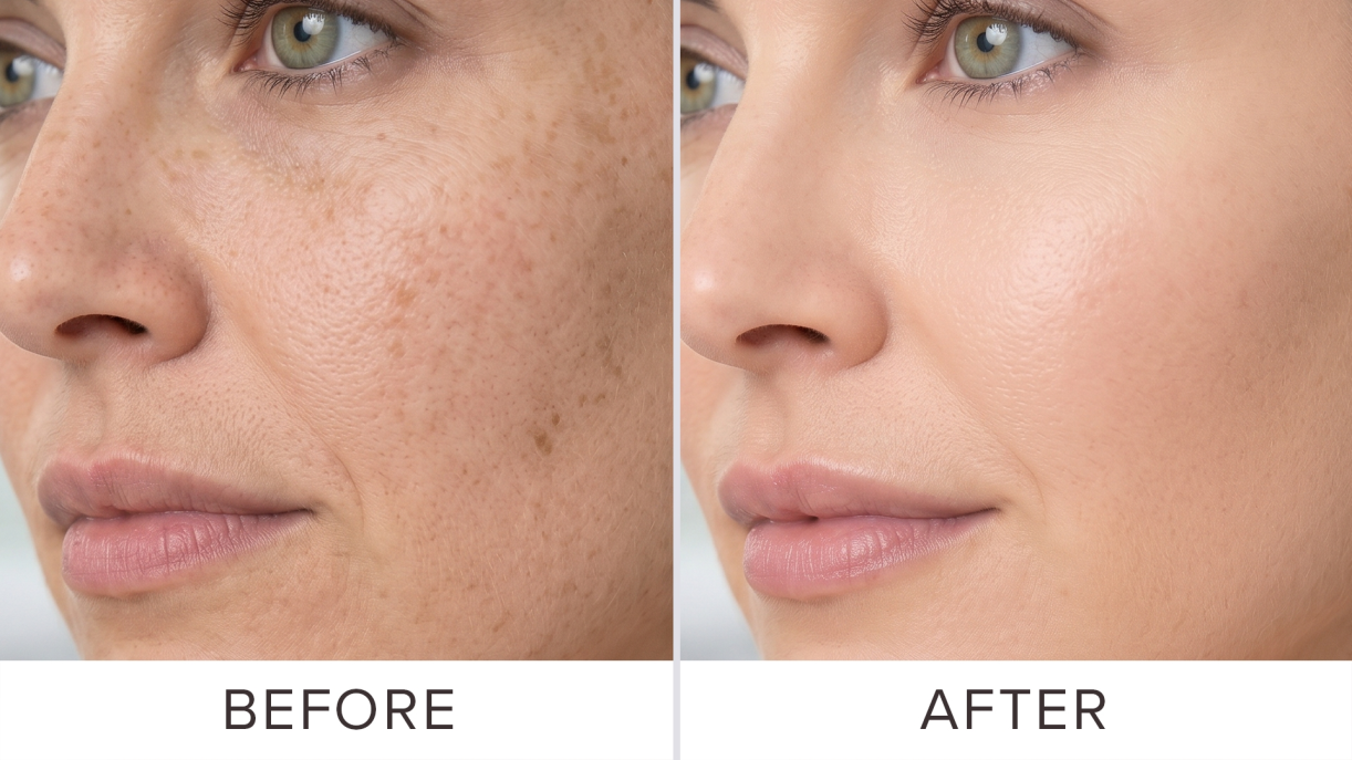 Side-by-side before and after close-up of a woman's cheek showing skin improvement