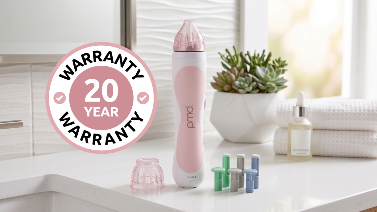 PMD device with attachments and a 20-year warranty badge on a bathroom counter