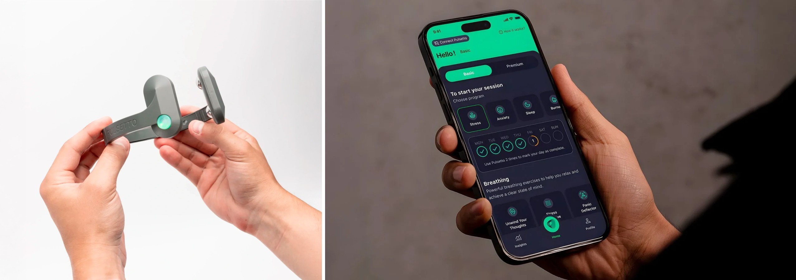 Hands holding Pulsetto device and app interface on smartphone
