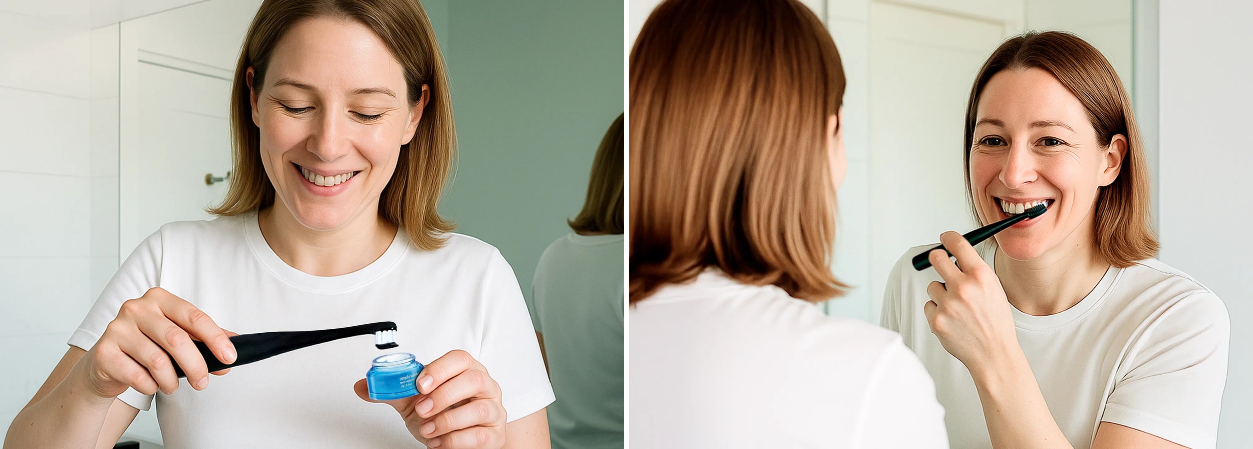 Using PurelyWHITE Deluxe: dipping toothbrush in powder and brushing teeth