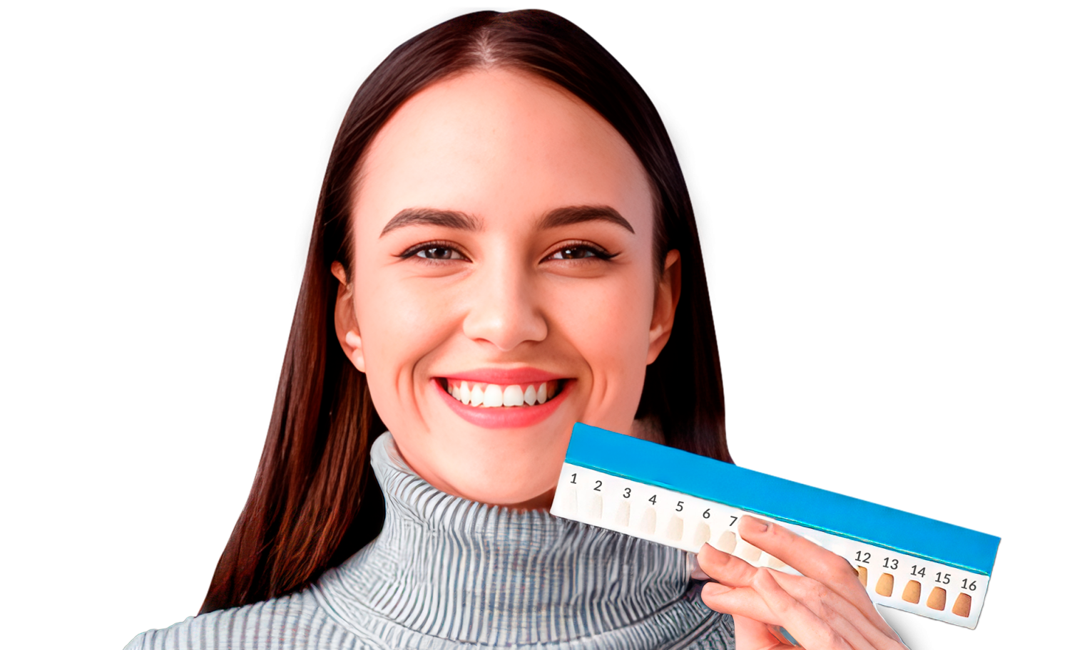 A smiling person holding a teeth shade guide next to their mouth