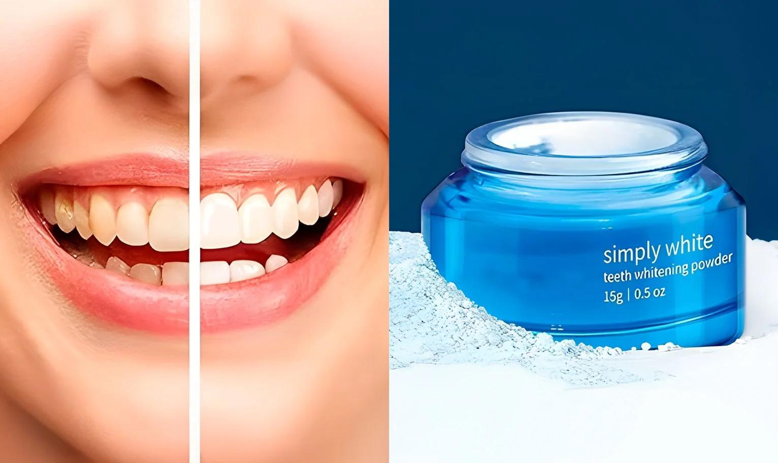 A split image showing a close-up of teeth before and after whitening, next to a jar of whitening powder