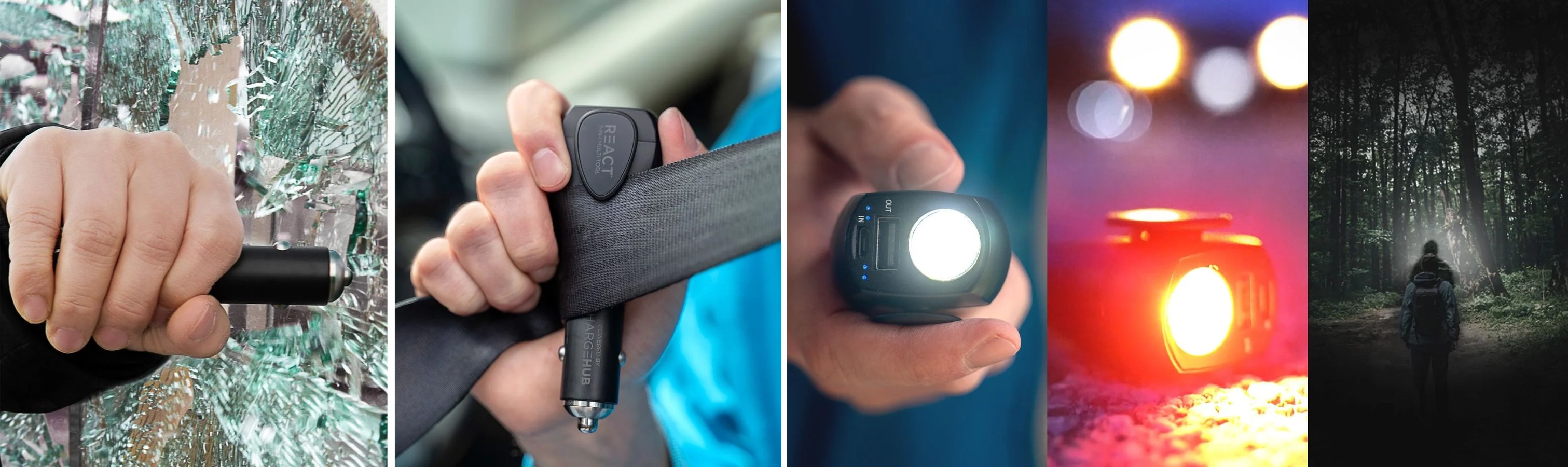React 7-in-1 tool used to break a window, cut a seatbelt, and as a flashlight