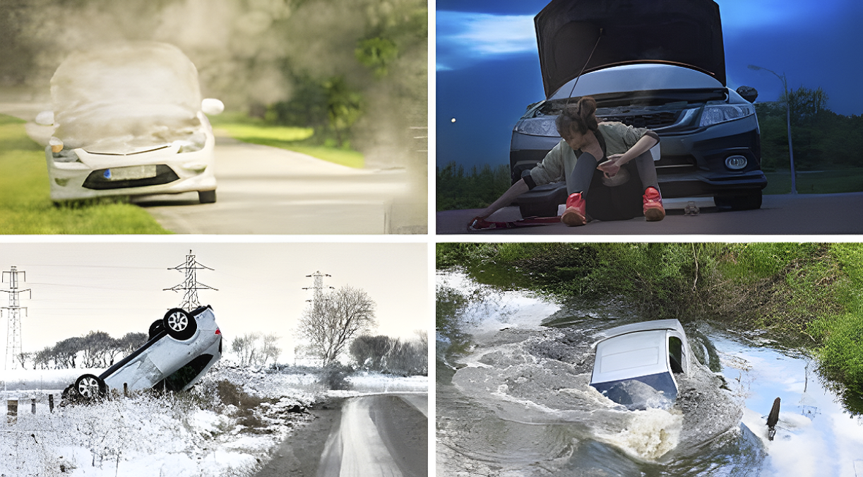 Four scenarios showing cars in emergency situations, including breakdowns and accidents