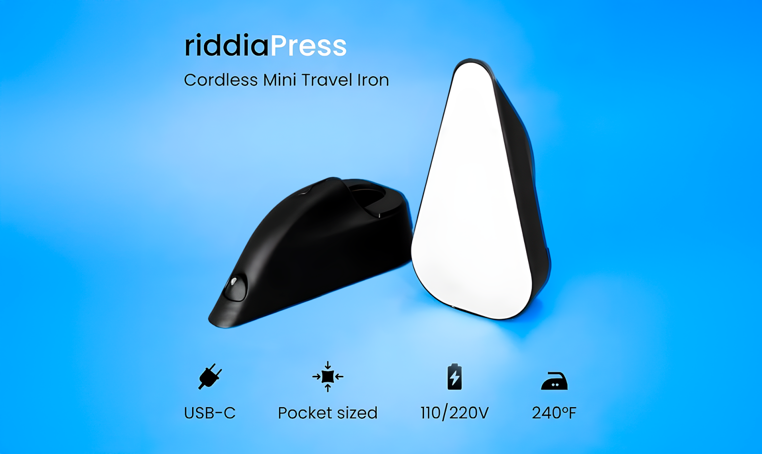 Two views of the device on a blue background with icons and product features lis