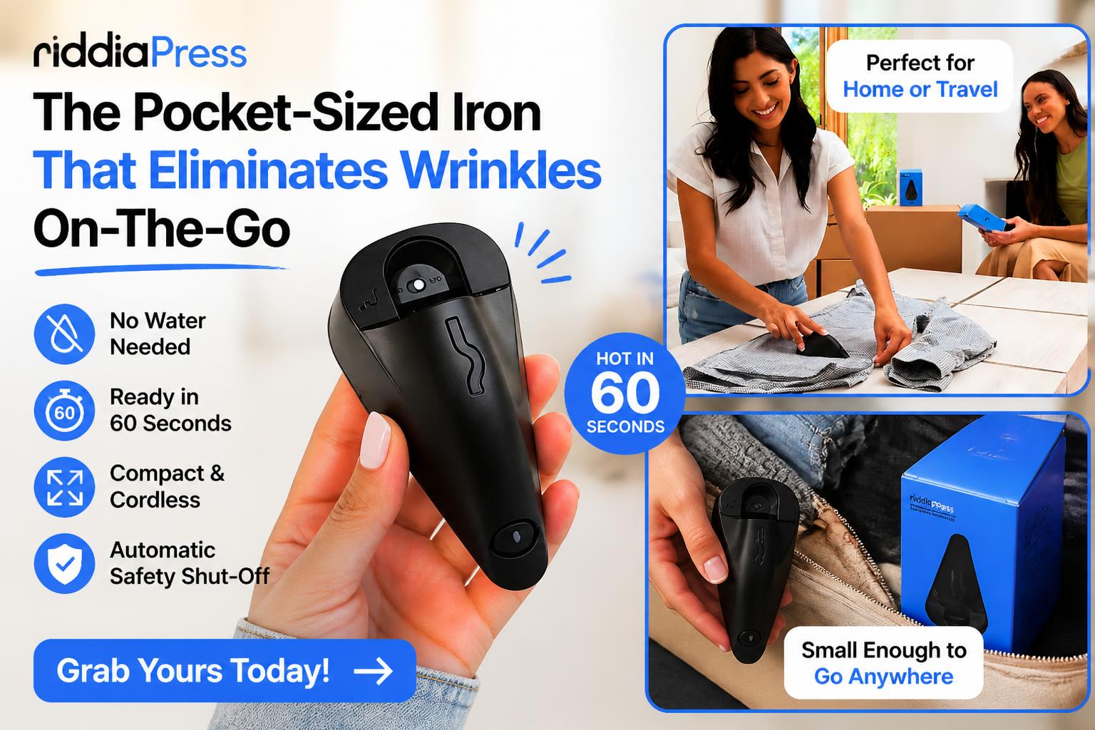 Comparison chart of riddiaPress, full-size iron, and travel steamer