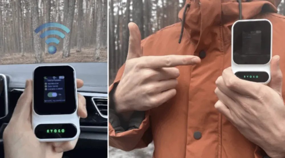 Person holding and pointing at a Ryoko Pro device in a forest setting