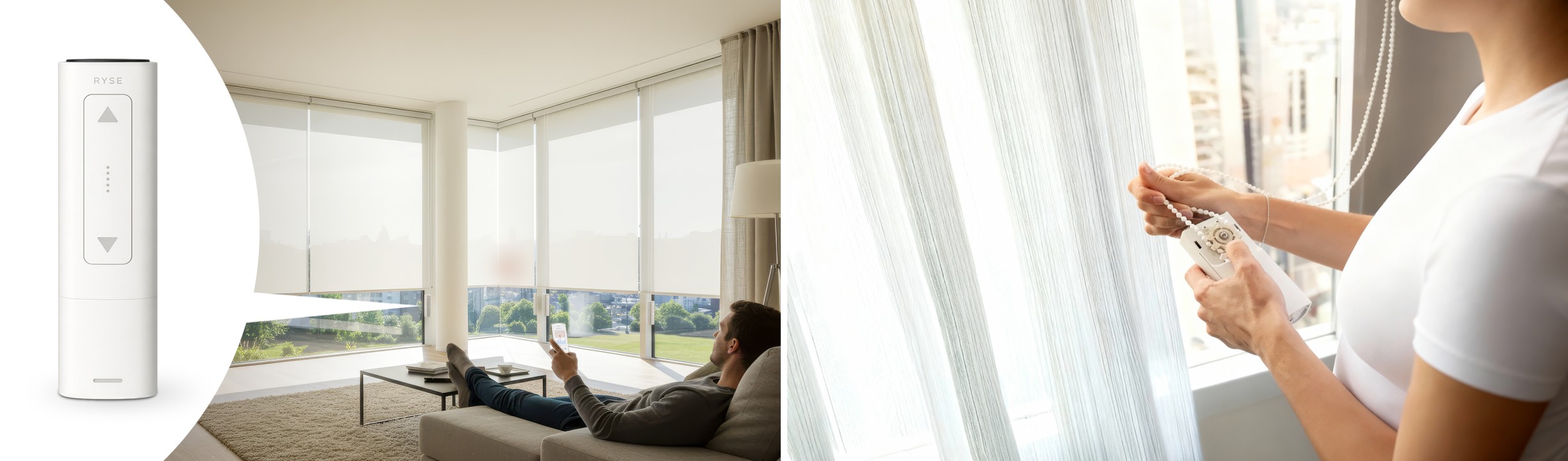 RYSE SmartShade in close-up and in use on a window