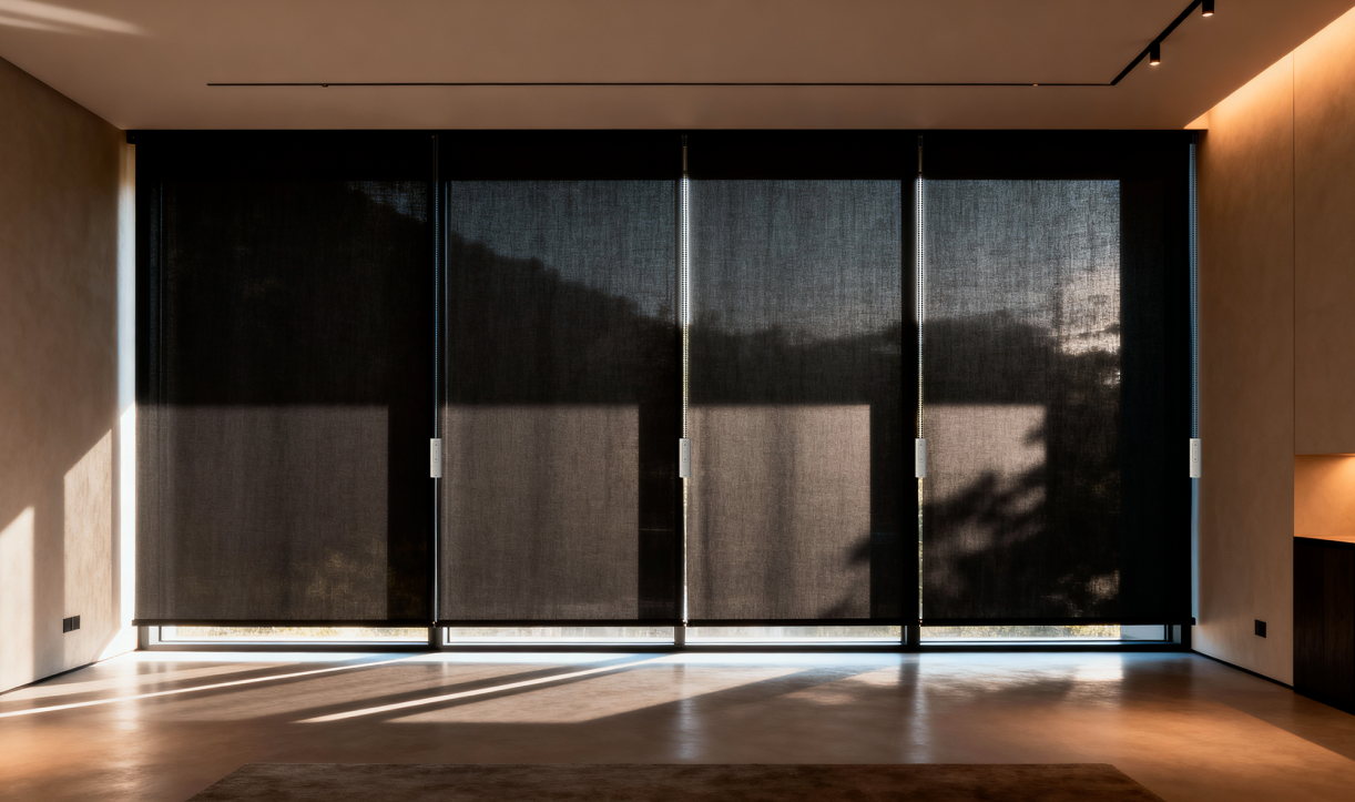 Four large automated window blinds fully closed in a modern living room