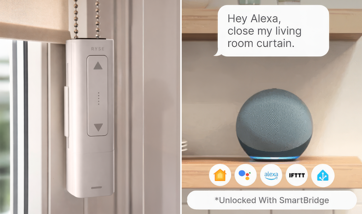Split image showing the smart curtain device installed and a voice assistant being used to control it, with smart home compatibility icons