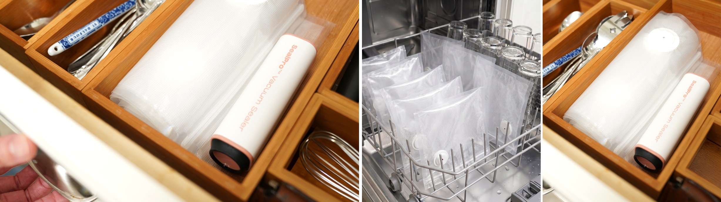 SealPro vacuum sealer and bags stored in a drawer and being washed in a dishwasher