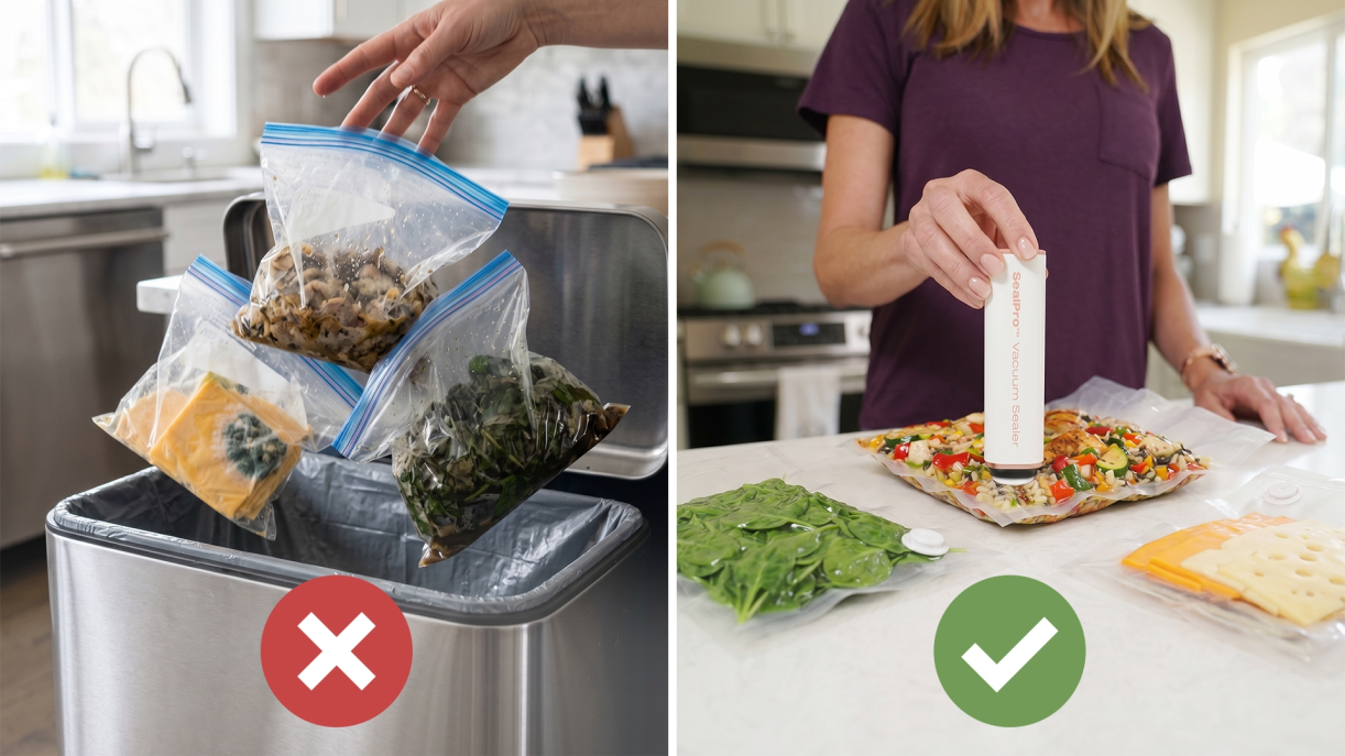 Comparison showing traditional food storage bags being thrown away versus vacuum-sealed bags keeping food fresh