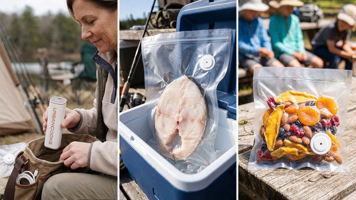 People using the vacuum sealer outdoors to store fish and dried fruit while camping