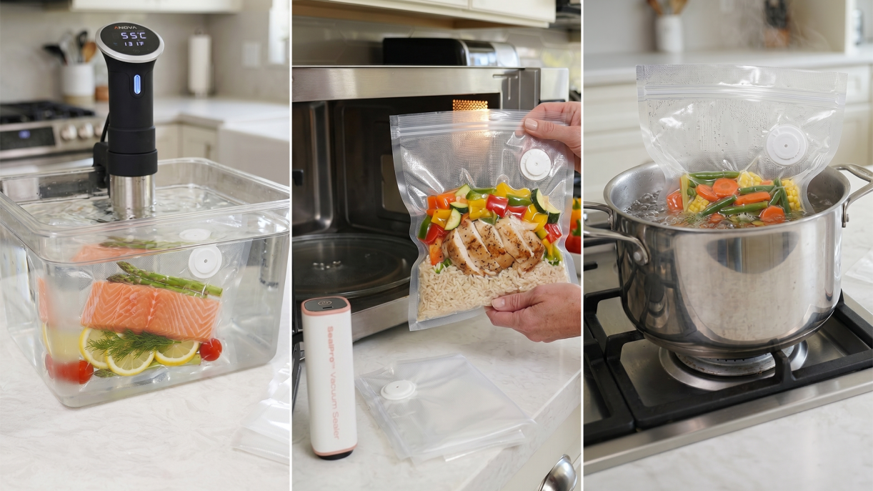 Vacuum-sealed food being cooked sous vide and prepared in a kitchen
