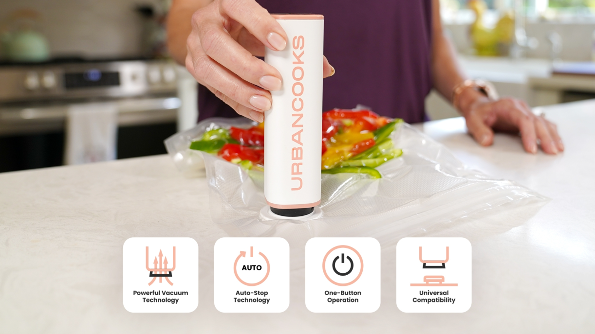 Person using SealPro vacuum sealer on a bag of vegetables in a kitchen