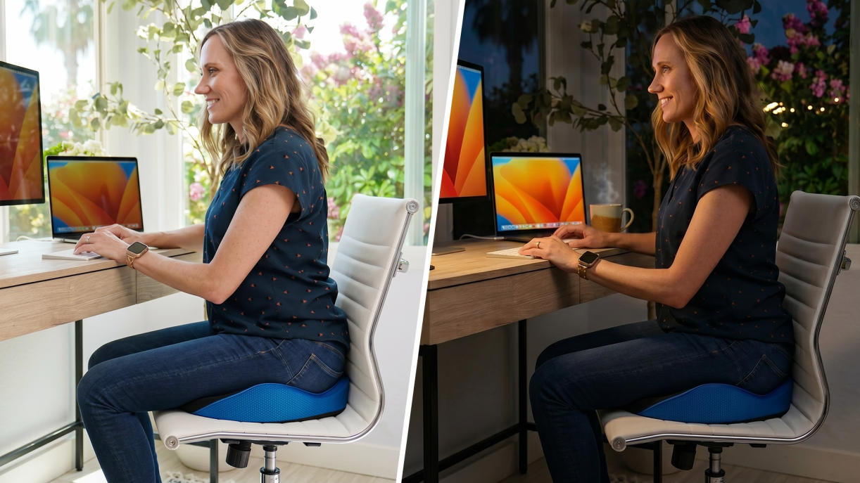Side-by-side comparison of sitting at a desk with and without the SerenesitZ cushion