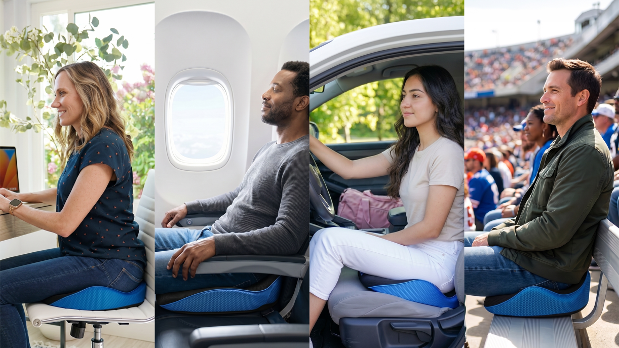 People using the SerenesitZ cushion in office, airplane, car, and stadium settings
