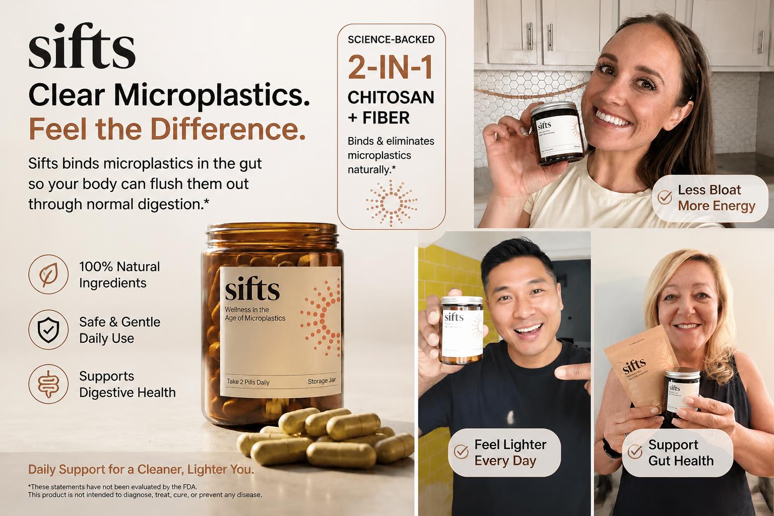 Collage of people holding and using Sifts supplement jars with product benefits 