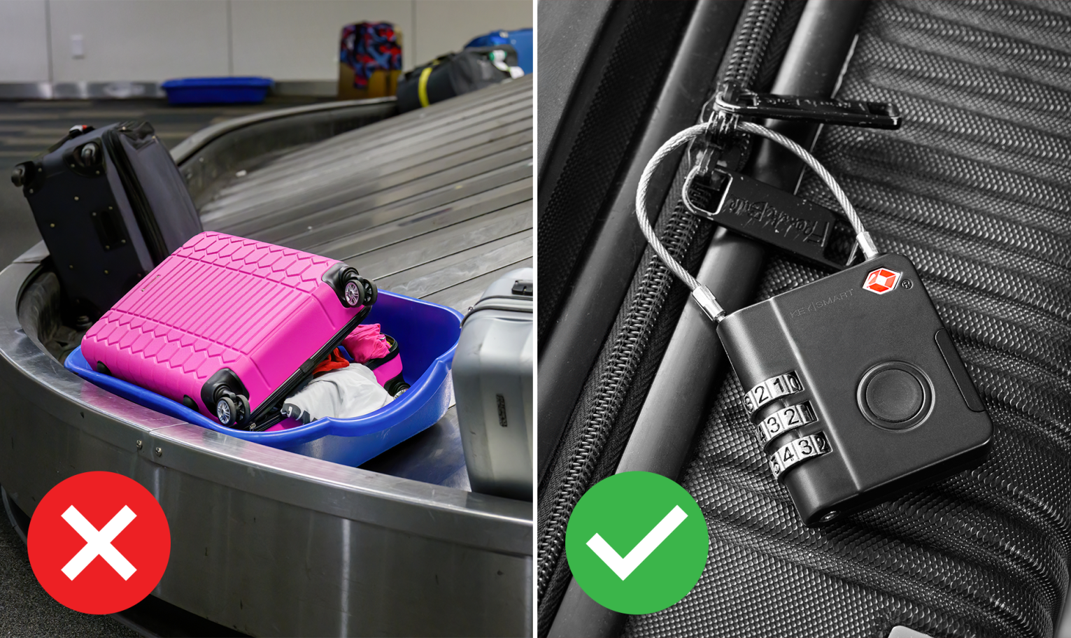 Diagram comparing suitcase with and without SmartLock