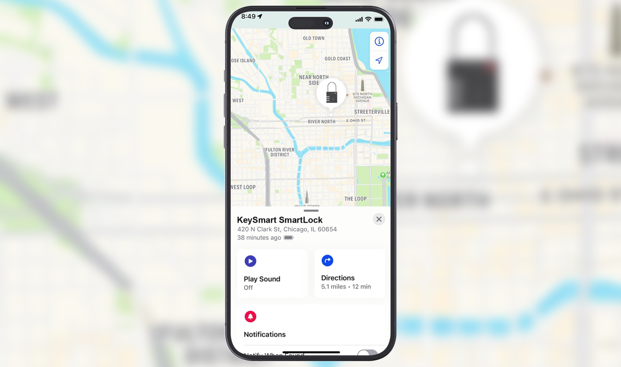 Smartphone screen showing SmartLock location and controls