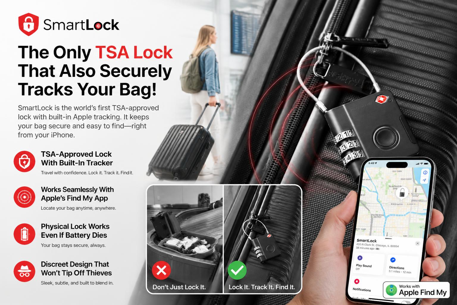 Promotional comparison chart: SmartLock vs. TSA lock plus AirTag