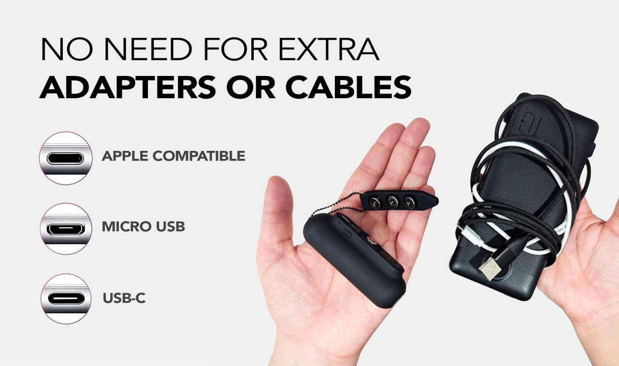 Snap-N-Charge held in one hand, bundle of cables in the other