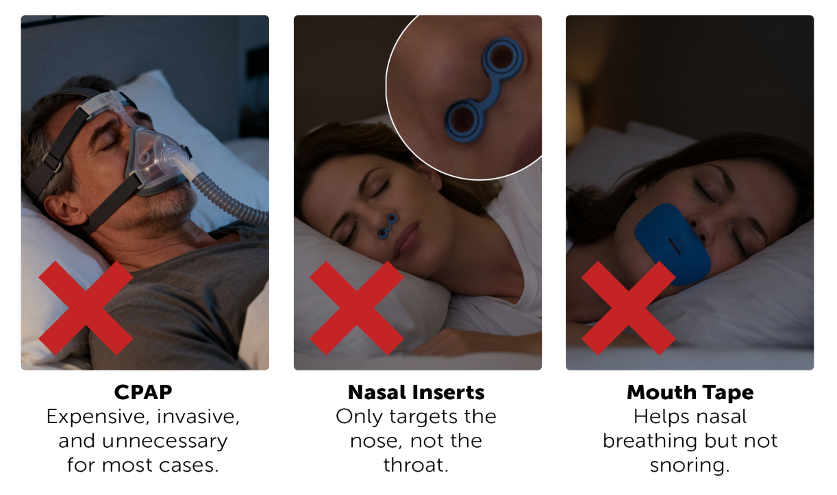 Comparison chart of CPAP, nasal inserts, and mouth tape