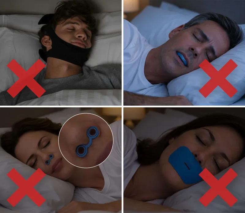 Four-panel image comparing different anti-snoring devices with red X marks