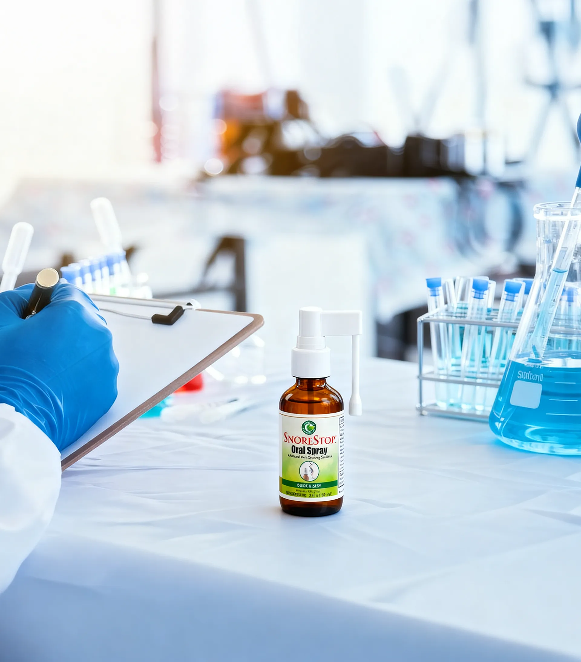 SnoreStop Oral Spray bottle placed on a laboratory table with scientific equipment in the background